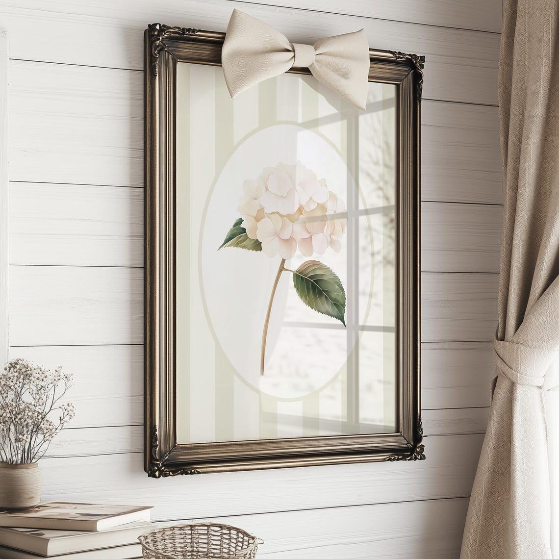 White Hydrangea Bloom on Cream Stripes Botanical Nursery Decor Poster - Image 4