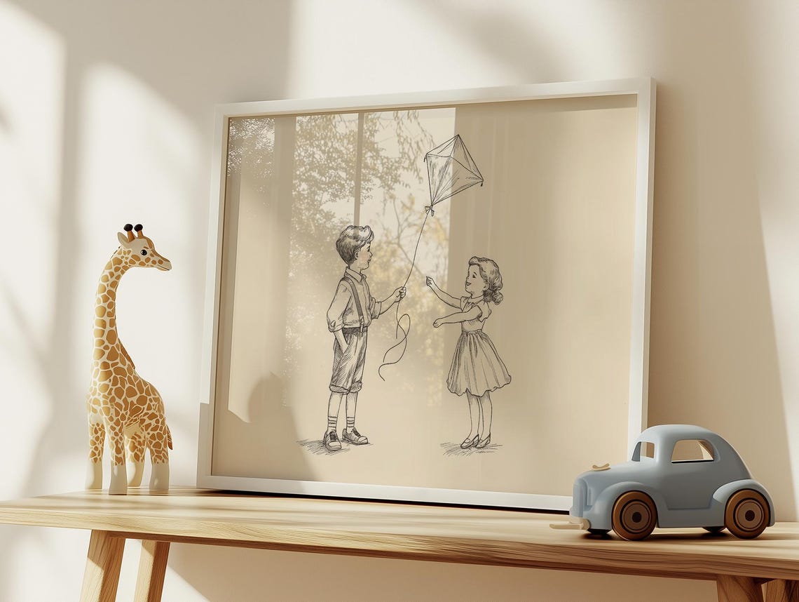 Vintage Children Flying Kite Classic Line Sketch Nursery Poster - Image 3