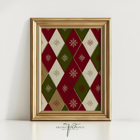 Red Green Christmas Argyle Snowflake Pattern Festive Holiday Wall Art
