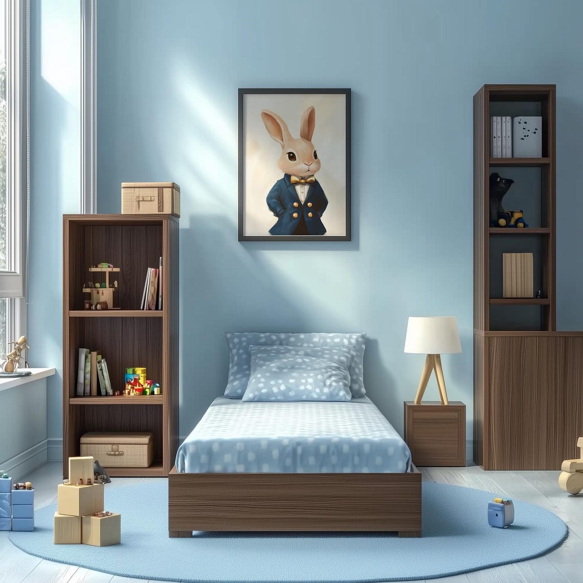 Gentleman Bunny in Blue Jacket Gold Bow Tie Portrait Nursery Poster - Image 2