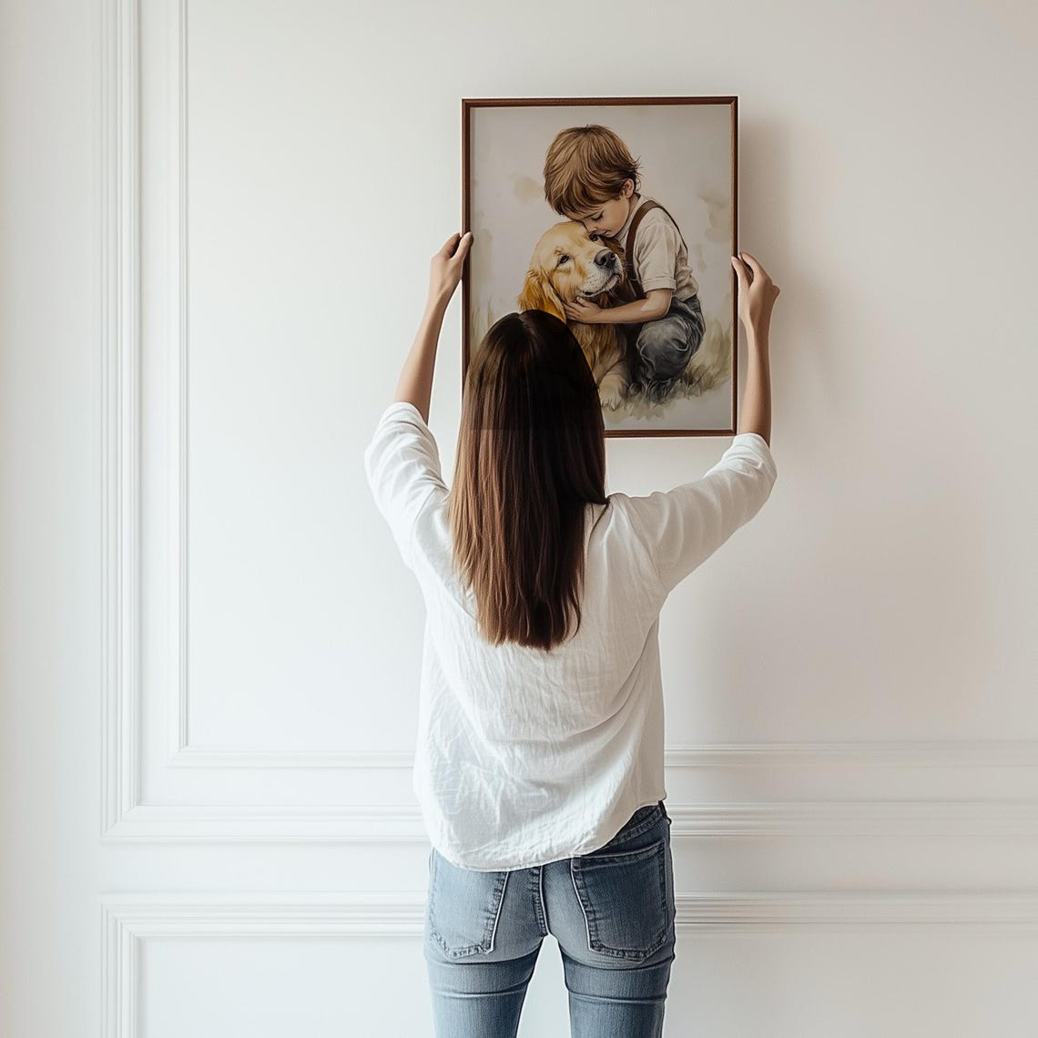 Vintage Nursery Art Print Boy And A Dog Painting Golden Retriever Art Farmhouse Decor Dog Drawing Country Art T70 - Image 2