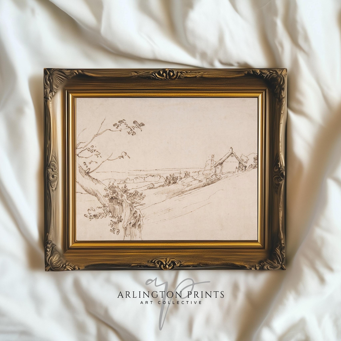 Antique Landscape Drawing, Vintage Farmhouse Decor