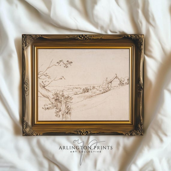 Antique Landscape Drawing, Vintage Farmhouse Decor