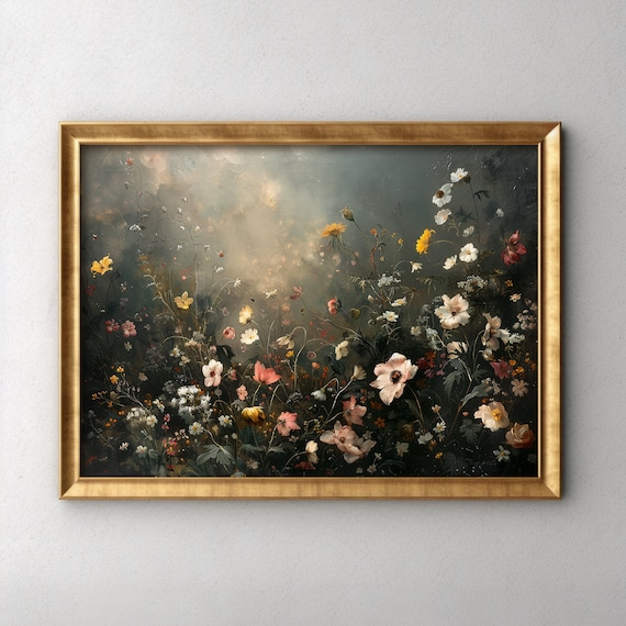 Dark Moody Wildflower Garden Oil Painting Botanical Art Poster