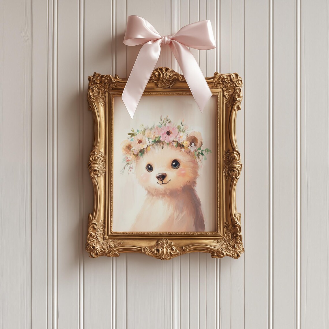 Bear Cub Floral Crown Watercolor Sweet Nursery Animal Poster - Image 3