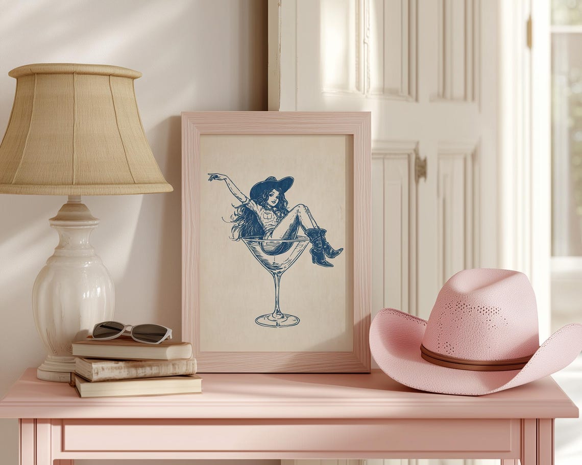 Retro Coastal Cowgirl Art Cocktail Wall Art Girly Bar Cart Print Coupe Glass Poster Cute Apartment Poster Dorm Room Print - Image 4