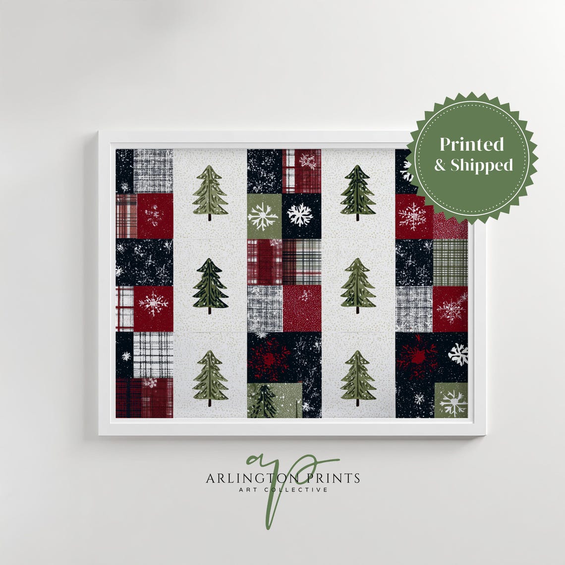 Christmas Patchwork Quilt Pattern Trees Snowflakes Holiday Poster