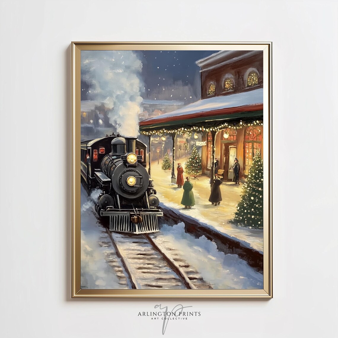 Snowy Night Christmas Train Station Vintage Steam Locomotive Poster