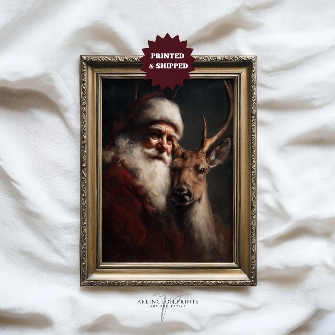 Moody Santa With Deer Vintage Christmas Portrait Oil Painting Poster