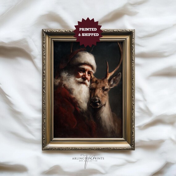 Moody Santa With Deer Vintage Christmas Portrait Oil Painting Poster