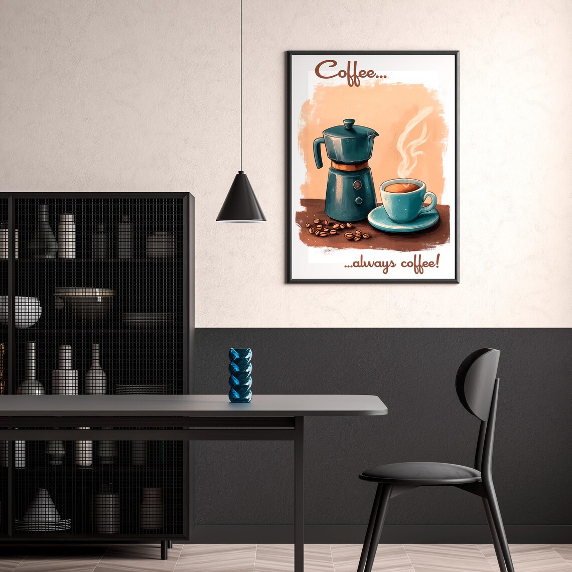 Coffee Always Coffee Moka Pot Cup Retro Kitchen Illustration Poster - Image 2