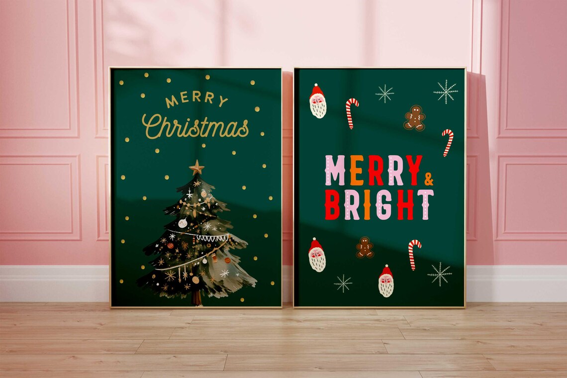 Cute Merry And Bright Colorful Letters Santa Green Holiday Poster - Image 4