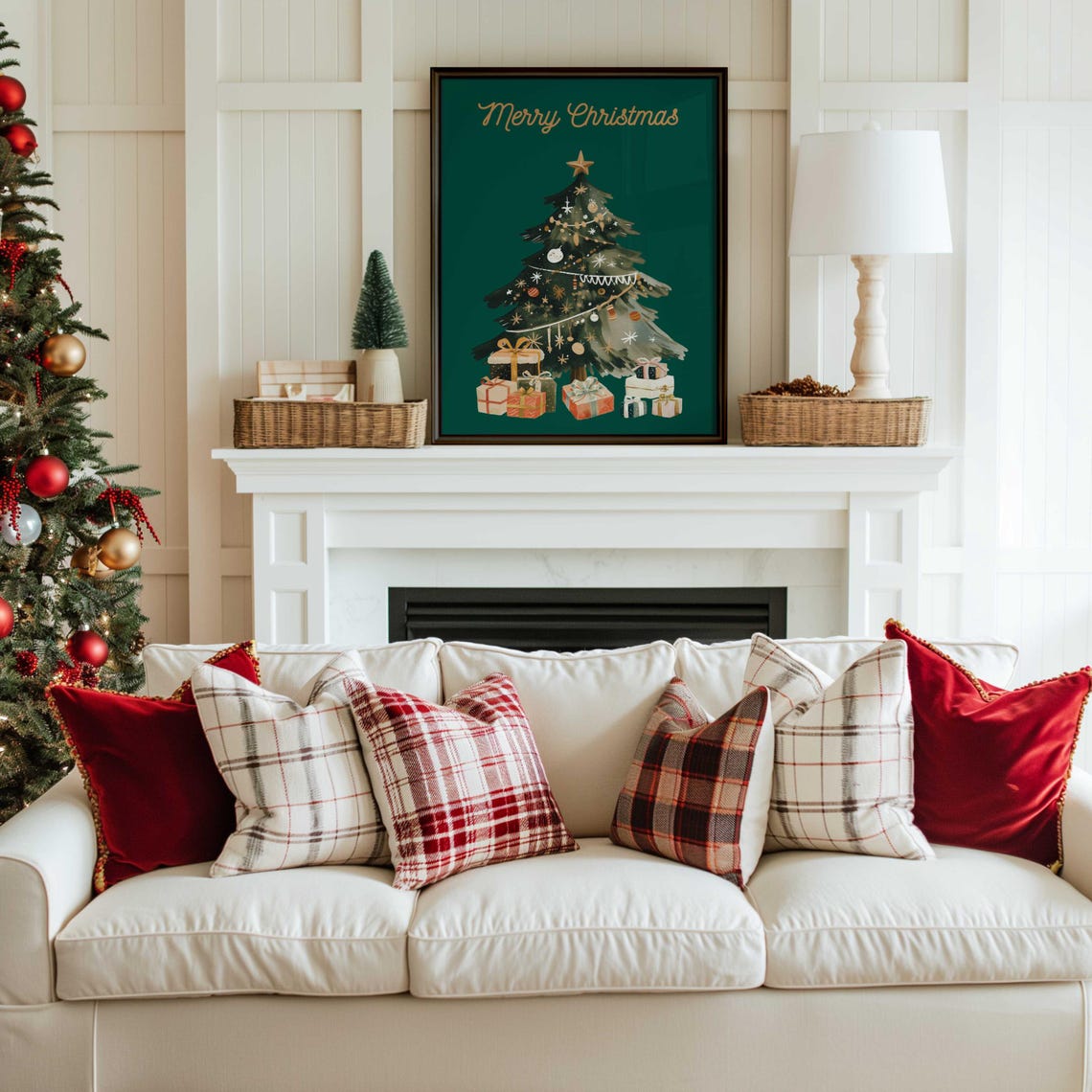 Gold Merry Christmas Script Green Watercolor Tree Gifts Holiday Poster - Image 3