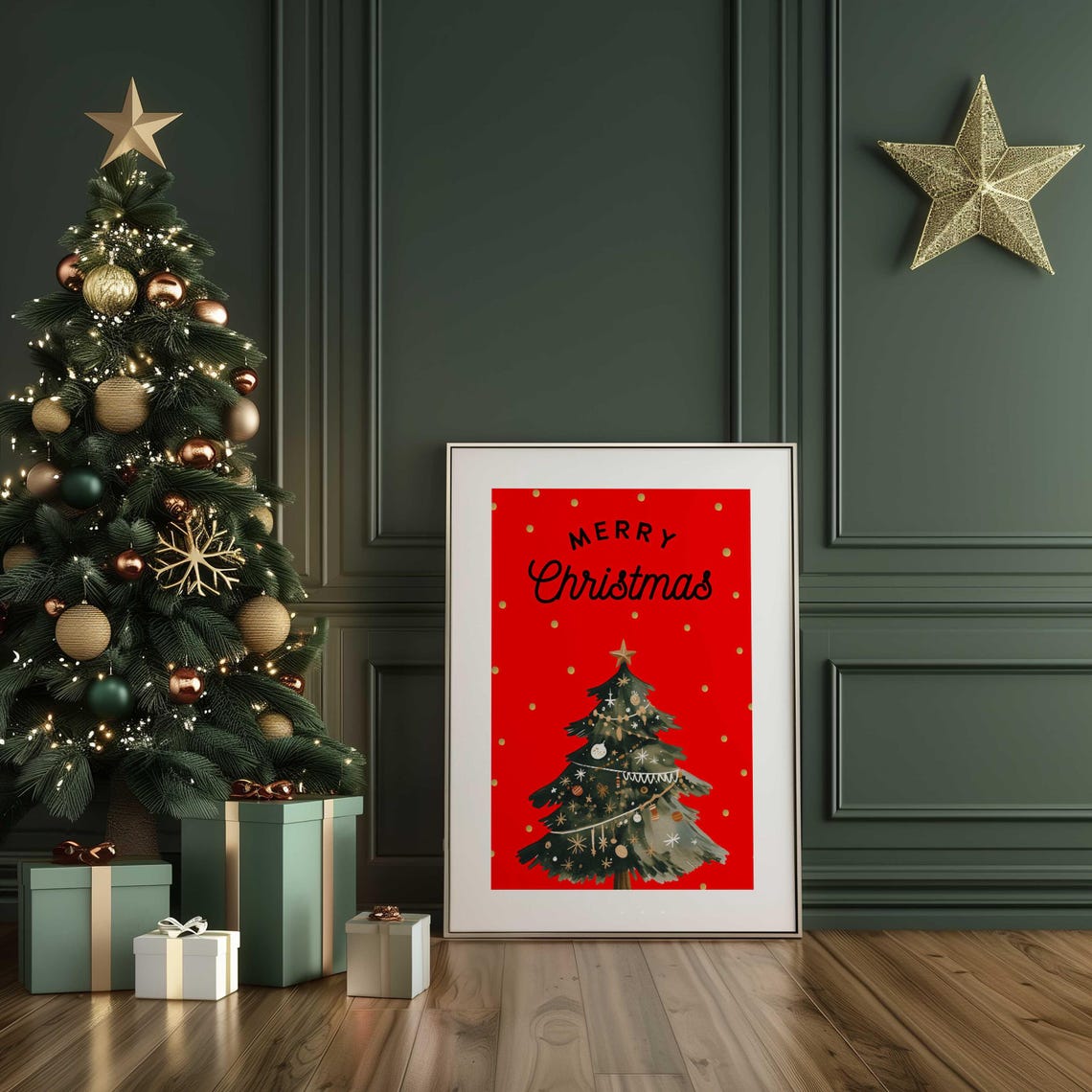 Black Merry Christmas Script Red Watercolor Tree Holiday Poster - Image 2