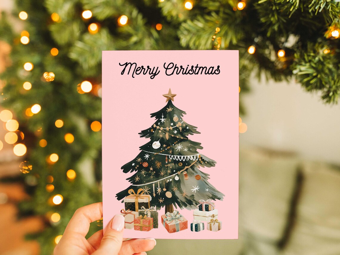 Black Merry Christmas Script Pink Watercolor Tree Gifts Holiday Poster - Image 2