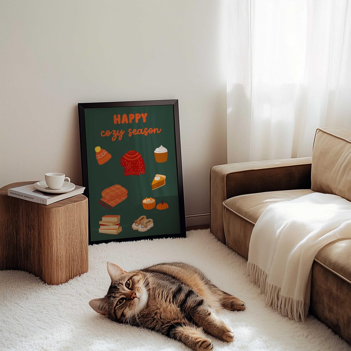 Happy Cozy Season Fall Icons Pumpkin Blanket Dark Green Poster - Image 4