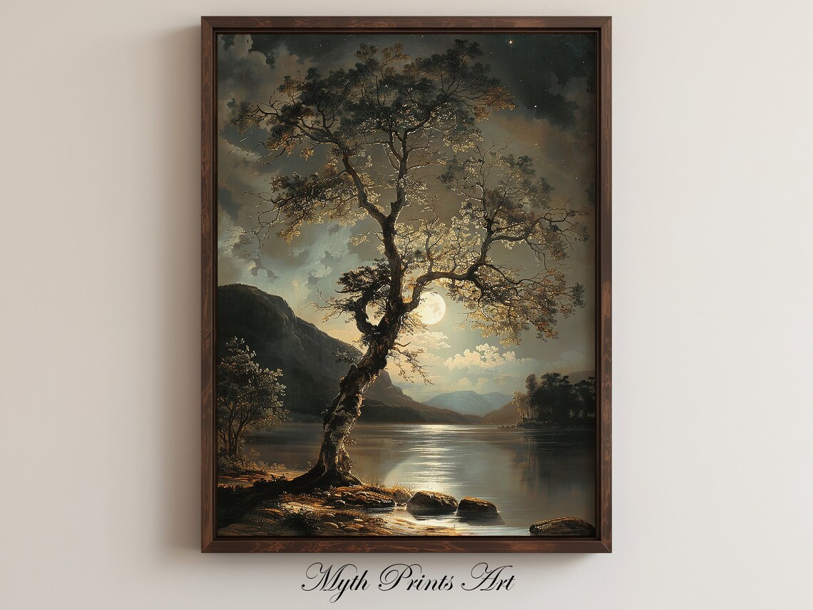 Moonlight Lake Tree Vintage Art Print, Landscape
