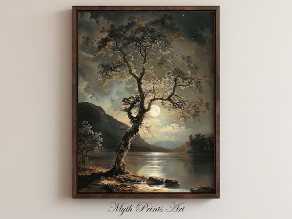 Moonlight Lake Tree Vintage Art Print, Landscape