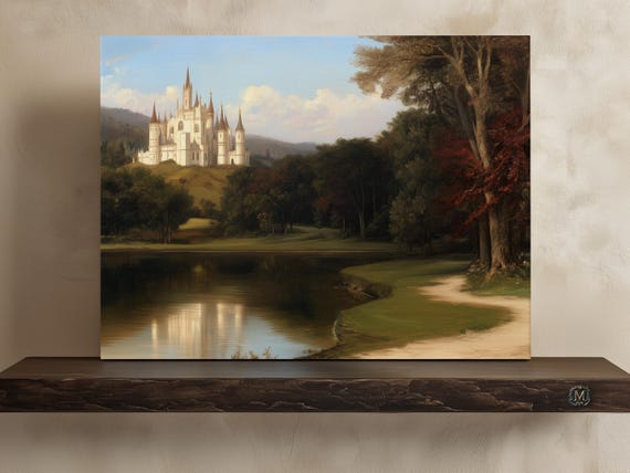 Lake And Distant Castle Print On Canvas Or Premium Archival Paper Forest Oil Painting Vintage Medieval Wall Art Rustic Nature Landscape