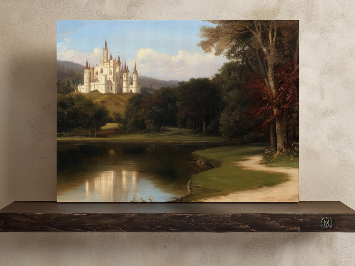 White Fairytale Castle Over Lake Romantic Landscape Oil Print