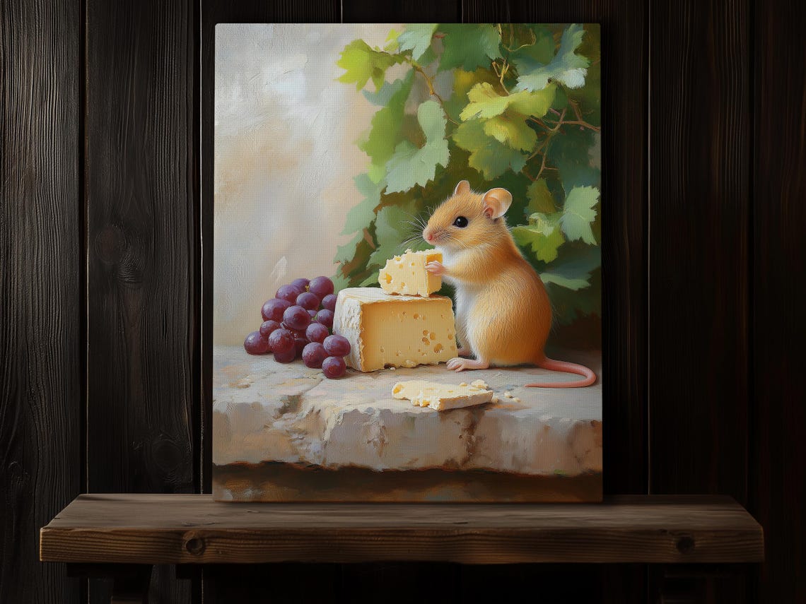 Cute Mouse With Cheese Wheel And Grapes Still Life Kitchen Print