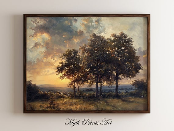 Sunset Nature Landscape Print Rustic Moody Painting Wall Art Grove Scenery Vintage Antique