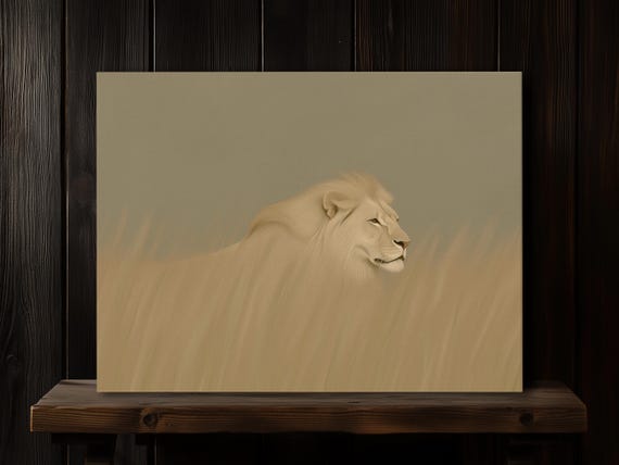 Savannah Lion Print On Canvas Or Premium Archival Paper Muted Nature Minimalistic Painting Summer Scenery Wall Art Home Decor