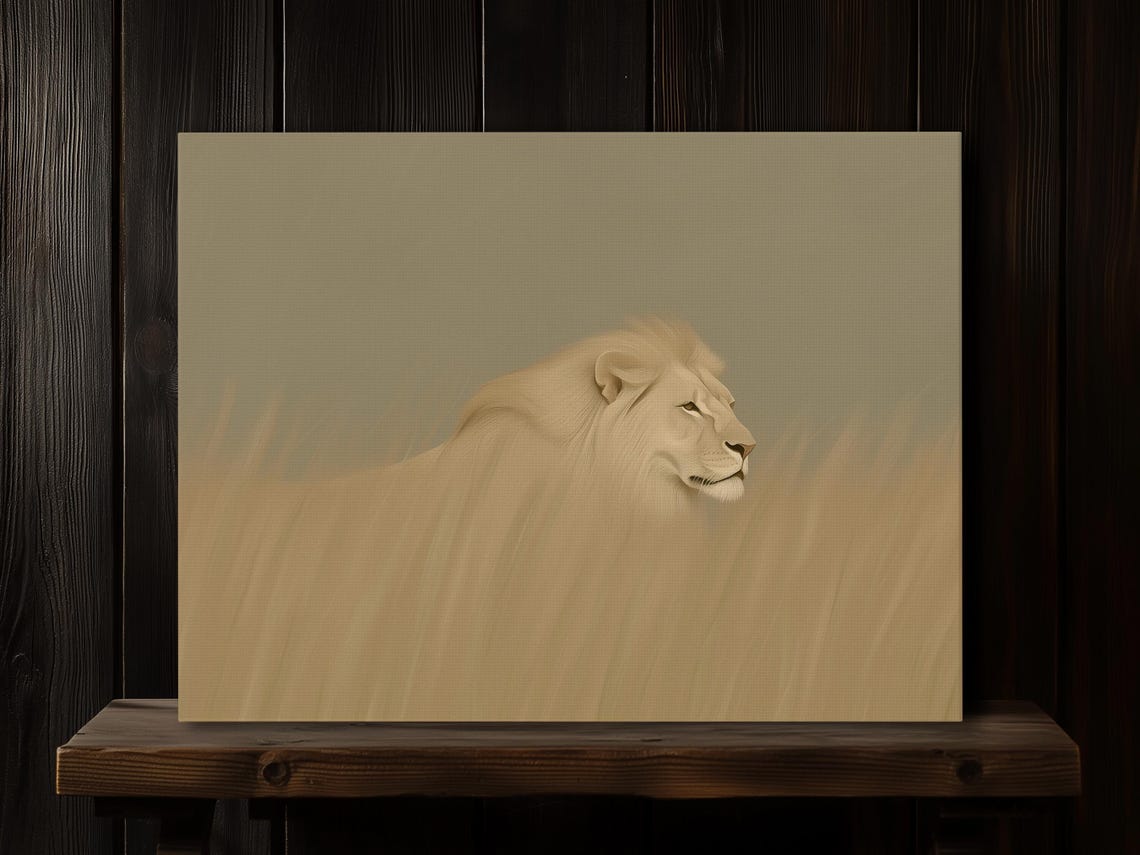 White Lion in Golden Savanna Grass Minimalist Wildlife Art Poster