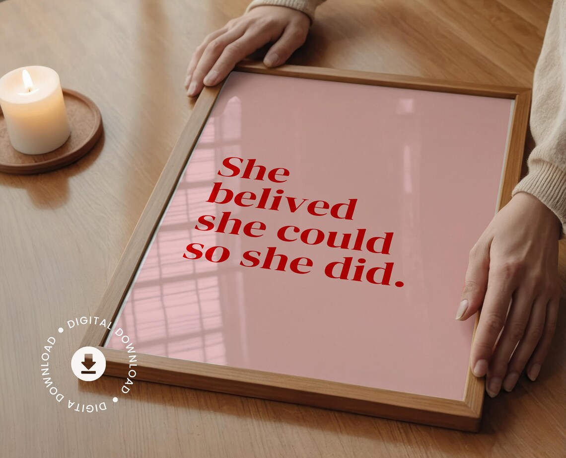 She Believed She Could So She Did Pink Motivational Quote Wall Art - Image 2