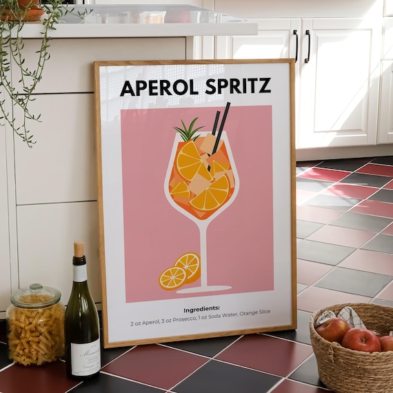 Aperol Spritz Cocktail Illustration Pink Bar Cart Recipe Poster