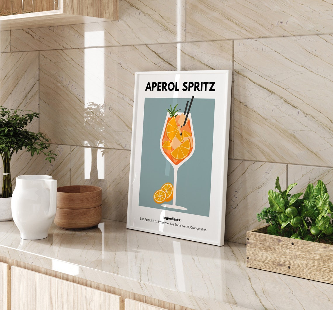 Aperol Spritz Cocktail Illustration Blue Bar Cart Recipe Poster - Image 4