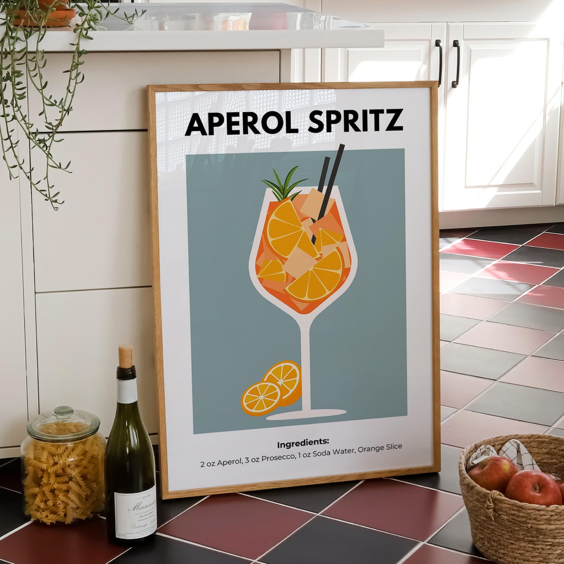 Aperol Spritz Cocktail Illustration Blue Bar Cart Recipe Poster