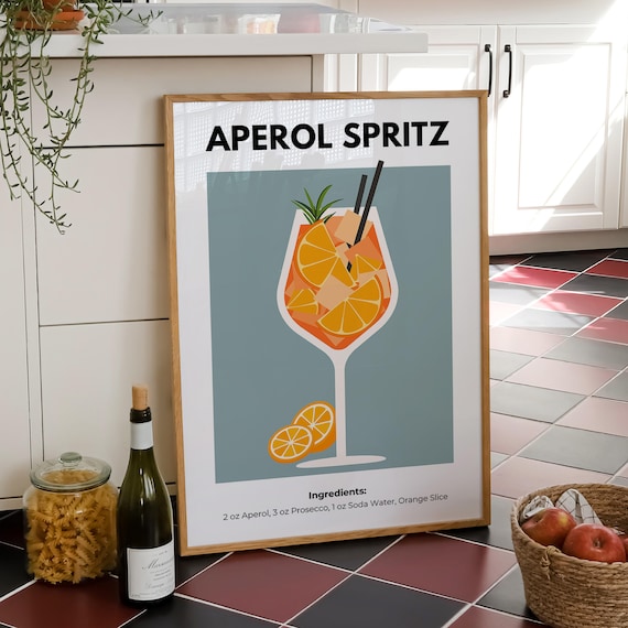 Aperol Spritz Cocktail Illustration Blue Bar Cart Recipe Poster