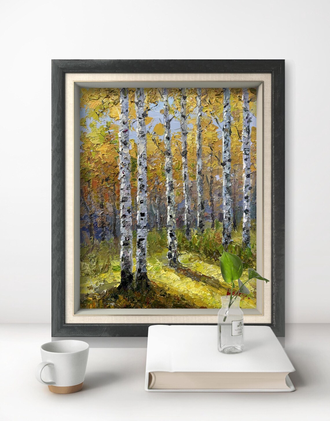 Golden Birch Grove Oil Painting Sunlit Path Autumn Woodland Poster - Image 3