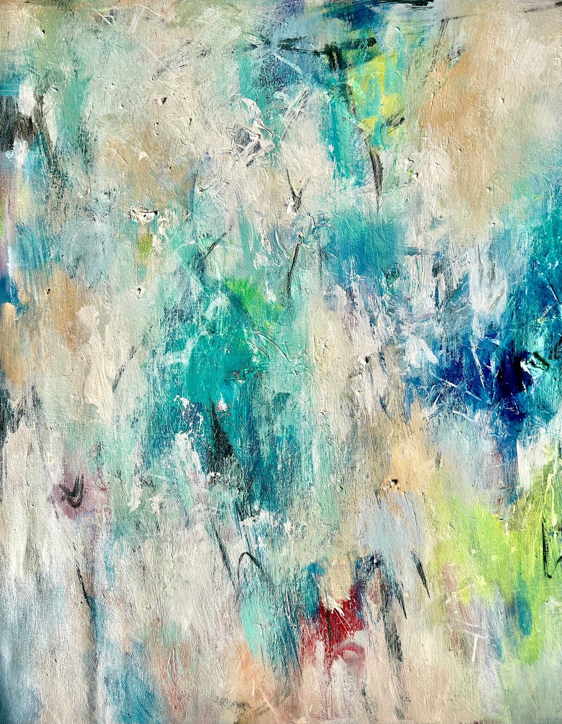 Ethereal White Teal Abstract Soft Red Accents Modern Art Print - Image 5