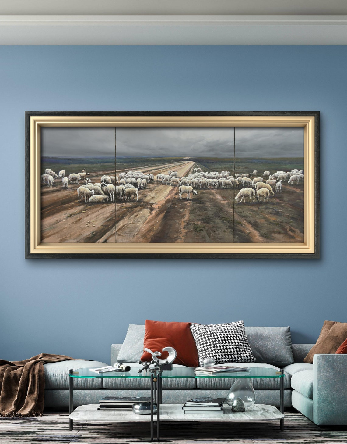 Sheep Flock Crossing Country Road Panoramic Oil Painting Wall Art