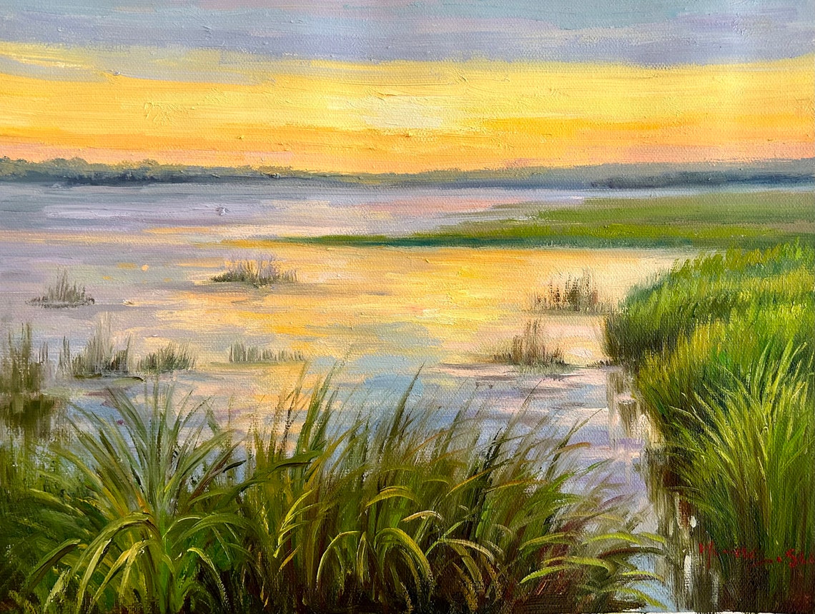 Golden Marsh Sunset Lake Reflection Reeds Wetland Oil Poster - Image 5