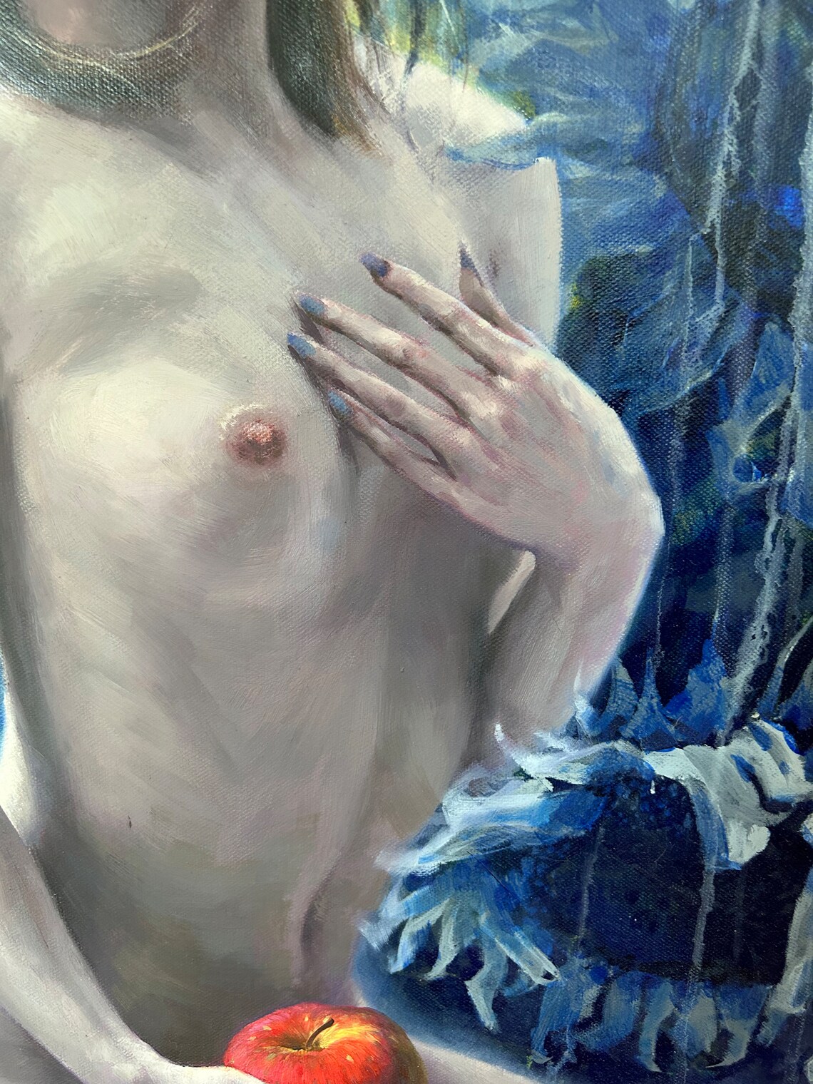 Nude Woman With Red Apple Among Blue Sunflowers Oil Painting Print - Image 3