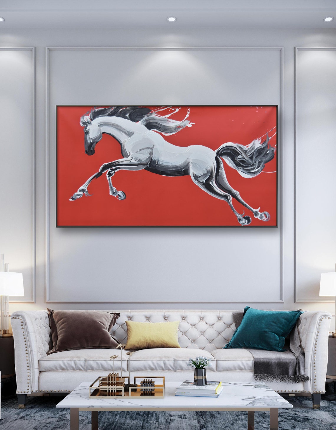 White Galloping Horse On Bold Red Background Oil Painting Print - Image 3