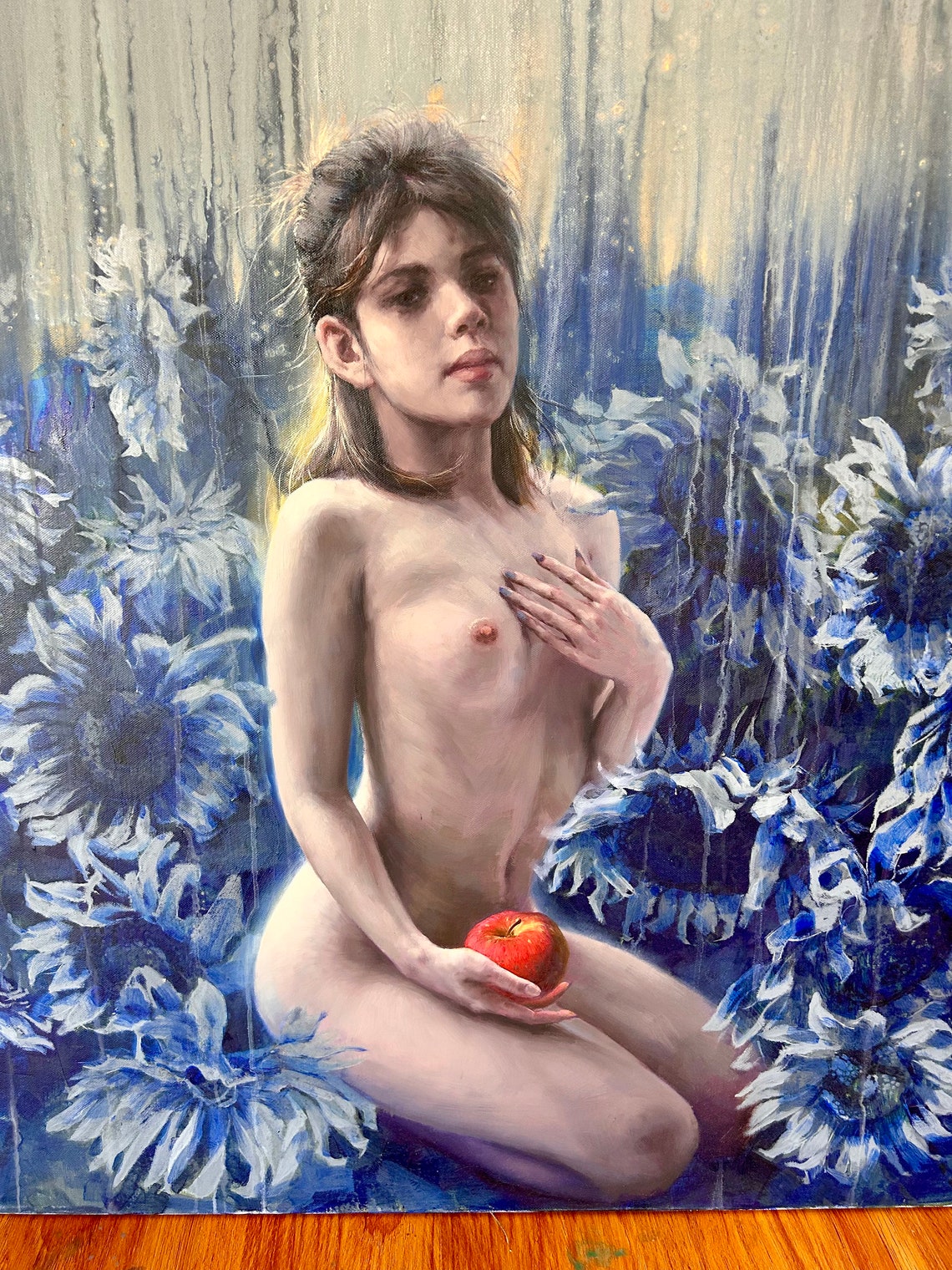 Nude Woman With Red Apple Among Blue Sunflowers Oil Painting Print - Image 2
