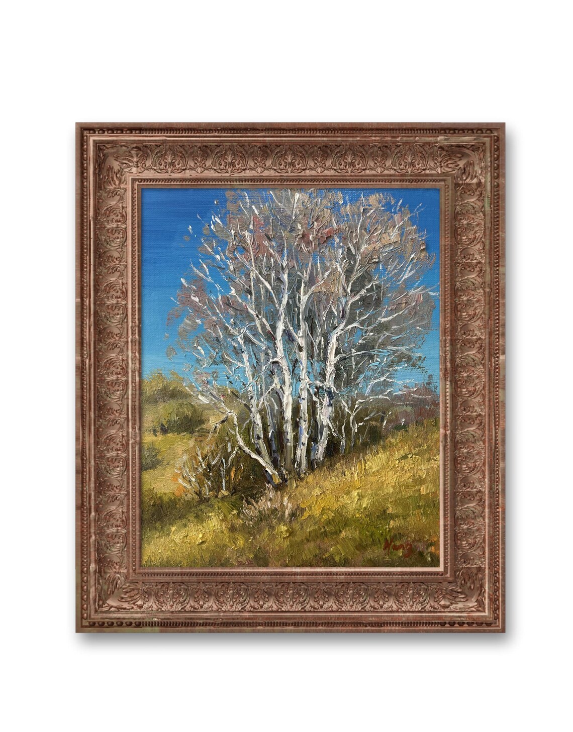 White Birch Trees Oil Painting Sunny Meadow Blue Sky Summer Poster