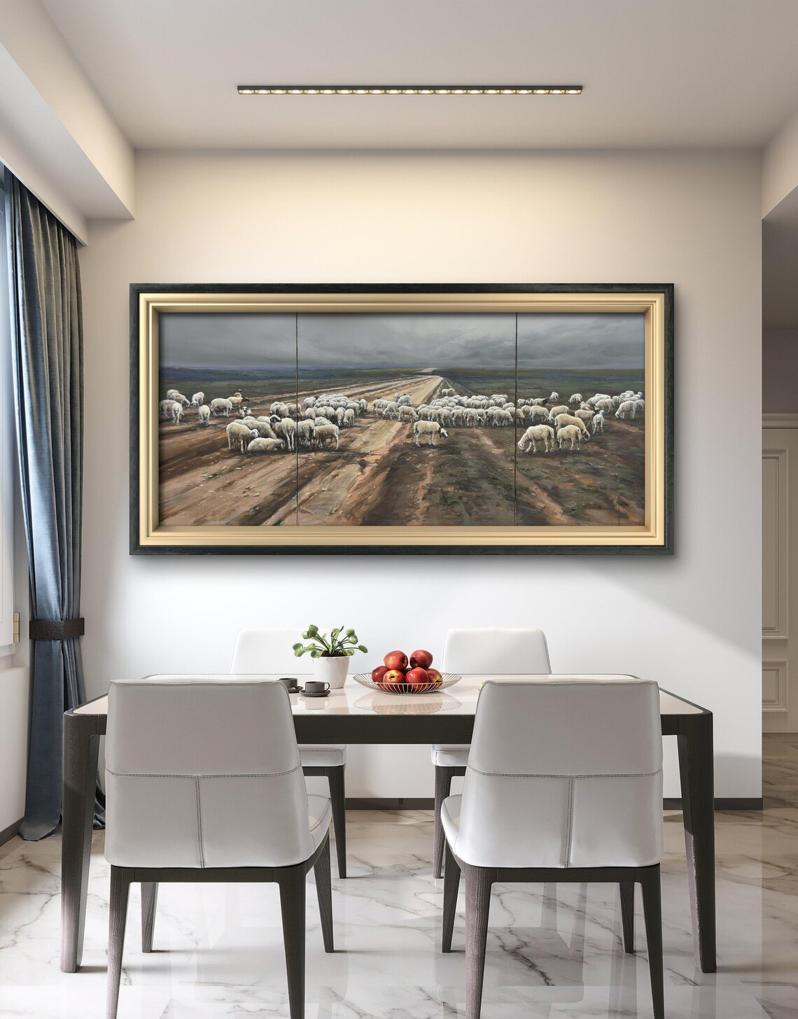 Sheep Flock Crossing Country Road Panoramic Oil Painting Wall Art - Image 4