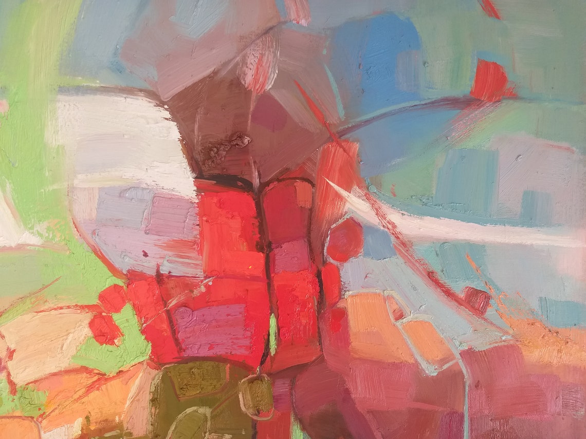 Red Green Pastel Abstract Brushstroke Modern Canvas Art Print - Image 3