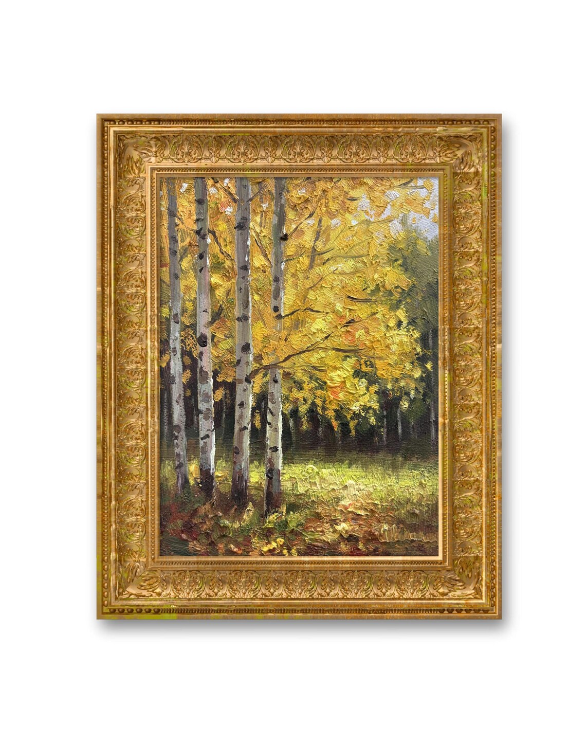 Golden Birch Trees Oil Painting Sunlit Autumn Trunks Forest Poster