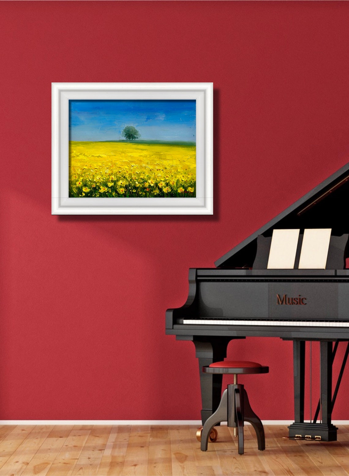 Bright Yellow Rapeseed Field With Lone Tree Under Blue Sky Poster - Image 3