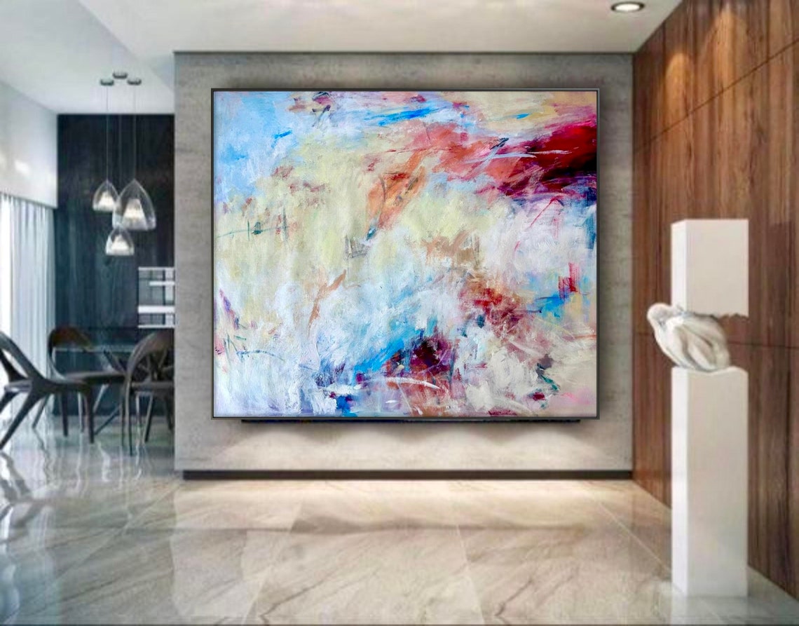 Neutral Abstract White Blue Crimson Soft Contemporary Art Print - Image 4