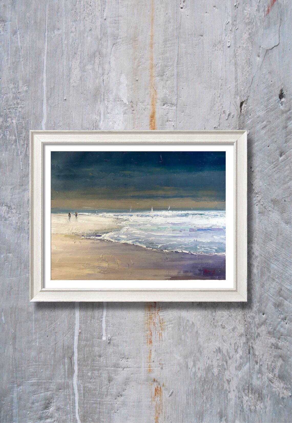 Moody Beach Waves At Dusk With Sailboats Seascape Oil Painting Poster - Image 2