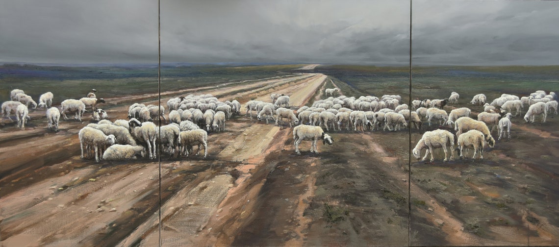 Sheep Flock Crossing Country Road Panoramic Oil Painting Wall Art - Image 5