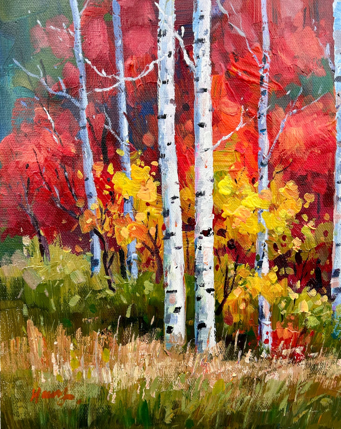 Autumn Birch Forest Red Foliage White Trunks Landscape Poster - Image 4