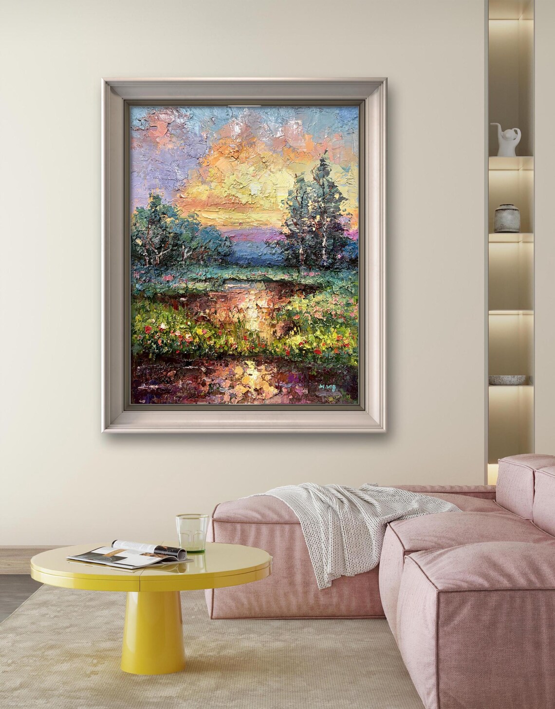 Golden Sunset Over Flower Field And Trees Textured Oil Painting Poster - Image 3
